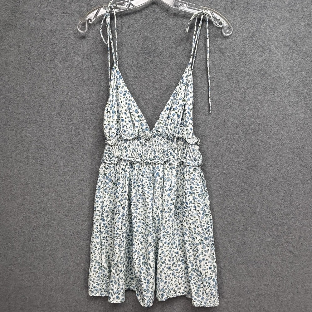 Zara Ditsy Floral Babydoll Dress S Blue Linen Blend Smocked Mini Cottage Picnic‎ - Picture 2 of 11